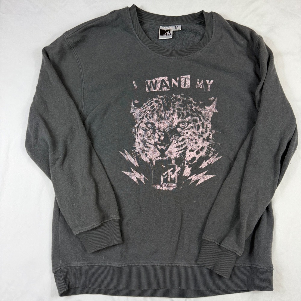 MTV Graphic Sweatshirt Womens Medium Charcoal Grey I Want My MTV Leopard Pink